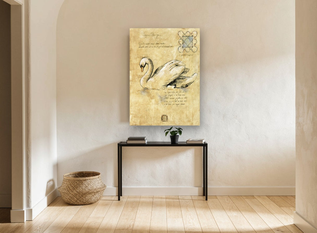 Parchment Swan Glide vintage canvas print on the wall of a hallway