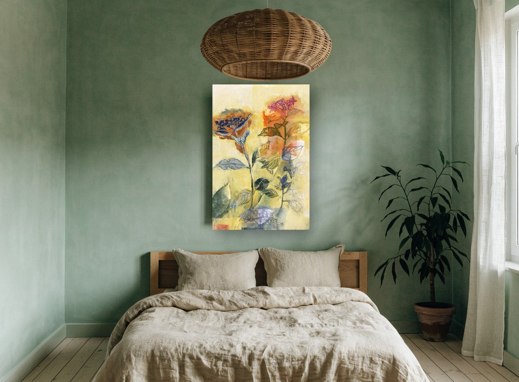 Layered Hydrangea Monoprint floral canvas print on the wall of a bedroom