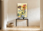 Layered Hydrangea Monoprint floral canvas print on the wall of a hallway