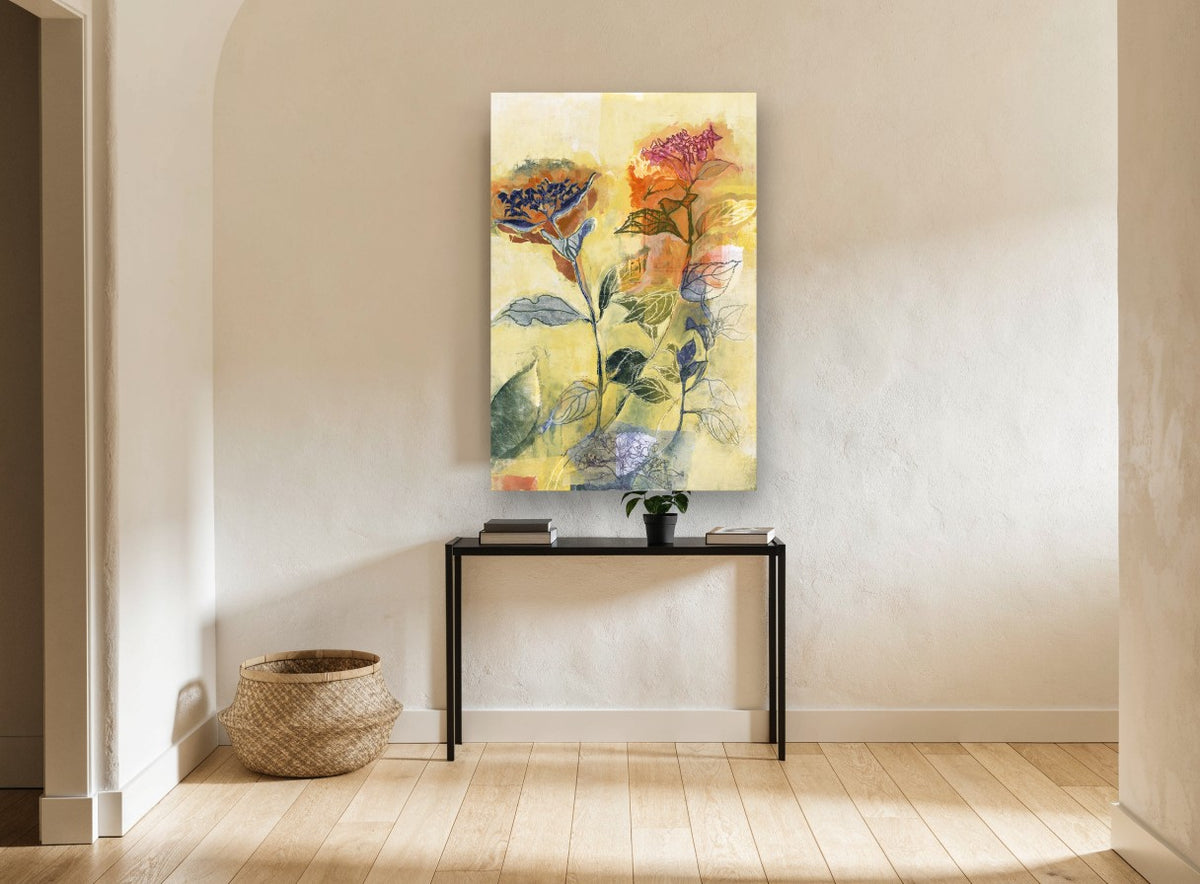 Layered Hydrangea Monoprint floral canvas print on the wall of a hallway