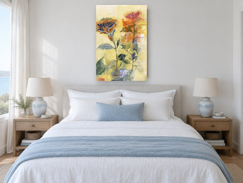 Layered Hydrangea Monoprint floral canvas print on the wall of a coastal bedroom