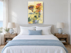 Layered Hydrangea Monoprint floral canvas print on the wall of a coastal bedroom
