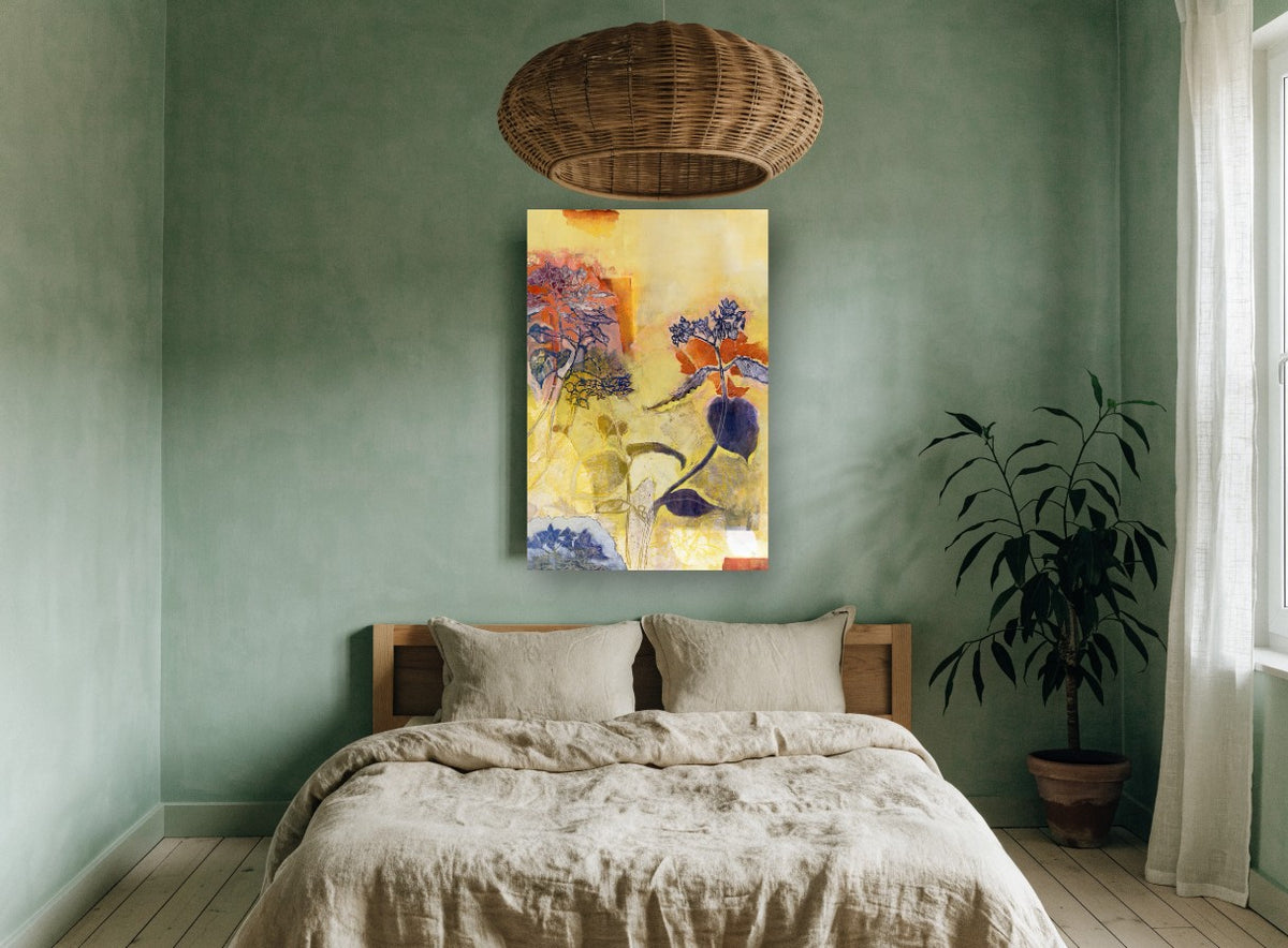 Hydrangea Collage in Yellow floral canvas print on the wall of a bedroom