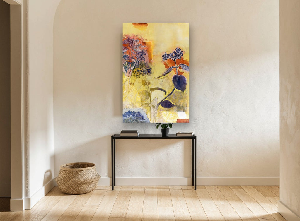 Hydrangea Collage in Yellow floral canvas print on the wall of a hallway