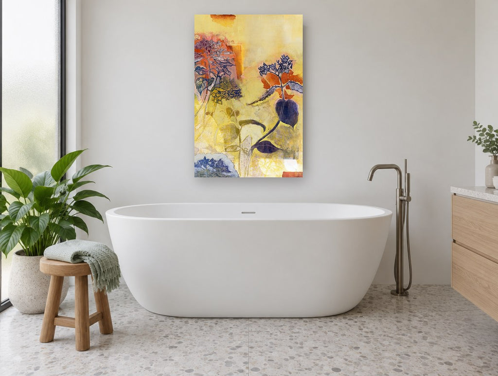 Hydrangea Collage in Yellow floral canvas print on the wall of a bathroom