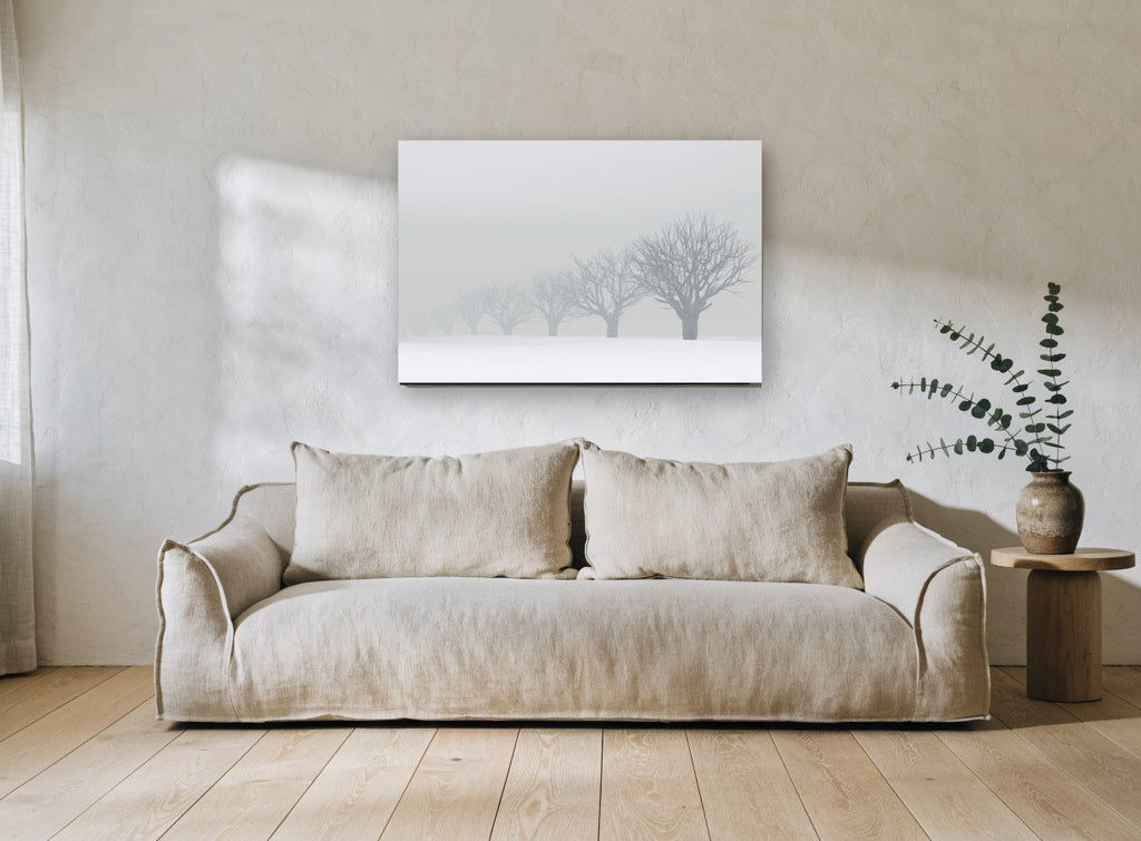 Fading Winter Orchard landscape canvas print on the wall of a living room