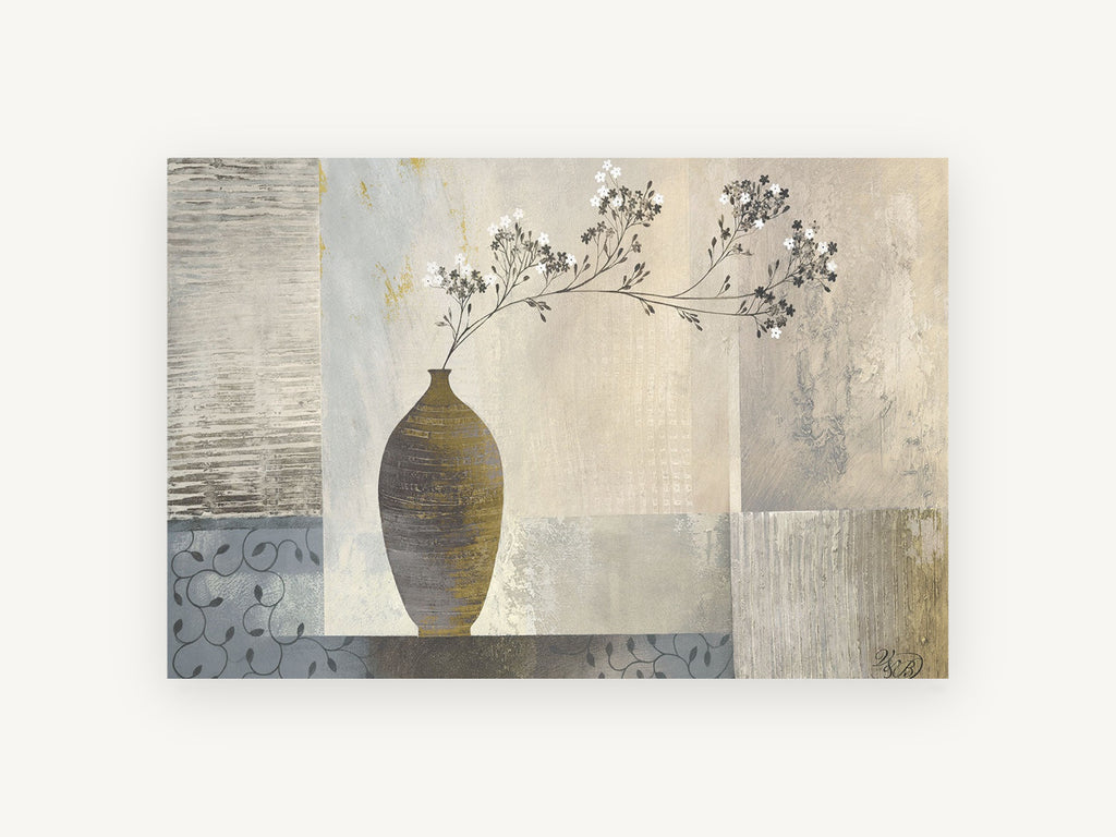 Grey Vase Blossom Sprig, floral canvas wall art print, front view