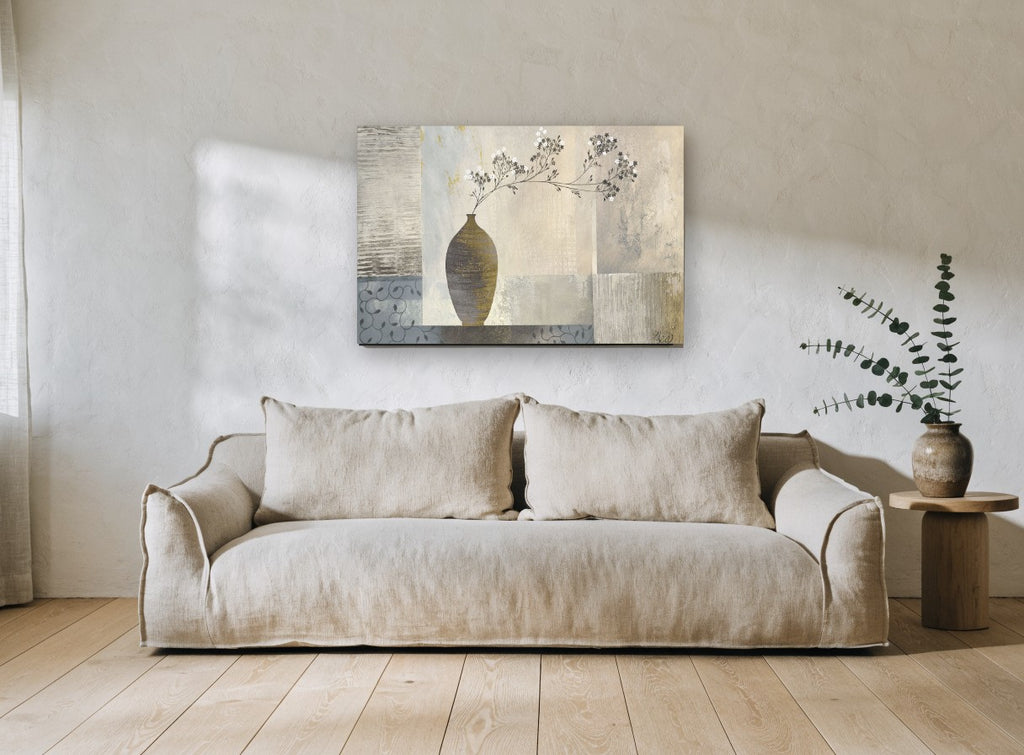 Grey Vase Blossom Sprig floral canvas print on the wall of a living room