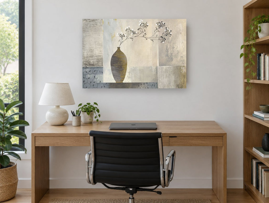 Grey Vase Blossom Sprig floral canvas print on the wall of a study