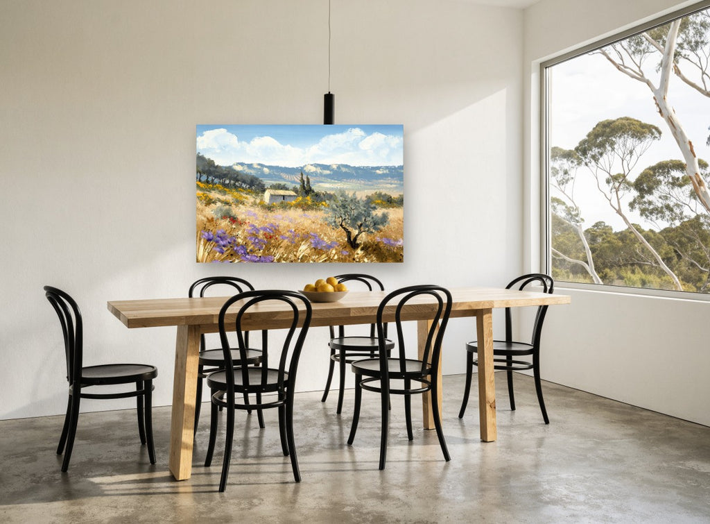 Lavender Hillside Farmhouse landscape canvas print on the wall of a dining room