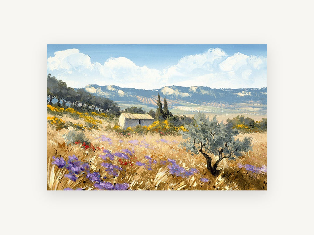 Lavender Hillside Farmhouse, provence style lavender field landscape, landscape canvas wall art print, front view