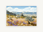 Lavender Hillside Farmhouse, provence style lavender field landscape, landscape canvas wall art print, front view