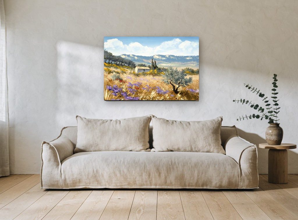 Lavender Hillside Farmhouse landscape canvas print on the wall of a living room