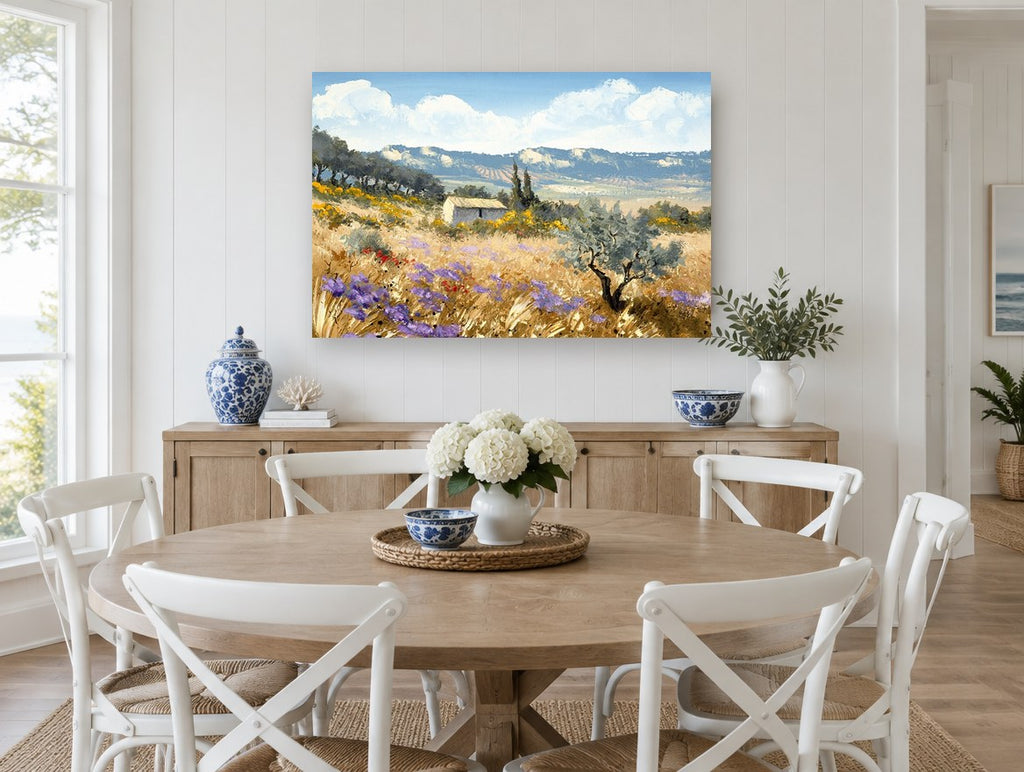 Lavender Hillside Farmhouse landscape canvas print on the wall of a Hamptons dining room