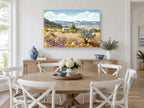 Lavender Hillside Farmhouse landscape canvas print on the wall of a Hamptons dining room