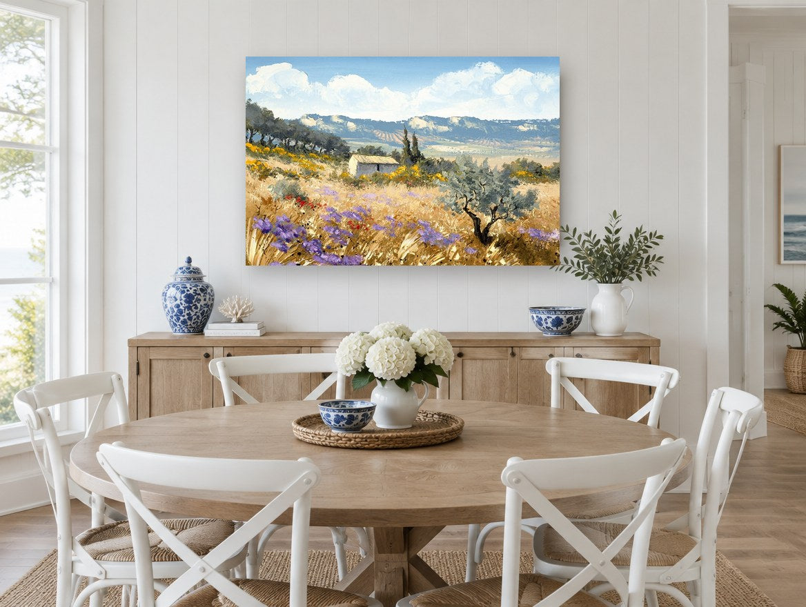 Lavender Hillside Farmhouse landscape canvas print on the wall of a Hamptons dining room