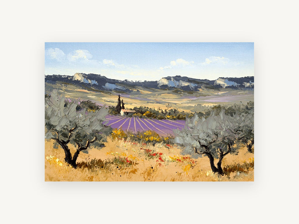 Lavender Rows Olive Grove, lavender field olive trees landscape, landscape canvas wall art print, front view
