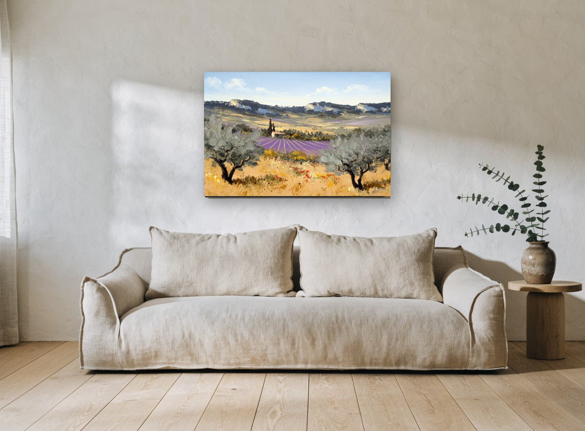 Lavender Rows Olive Grove landscape canvas print on the wall of a living room