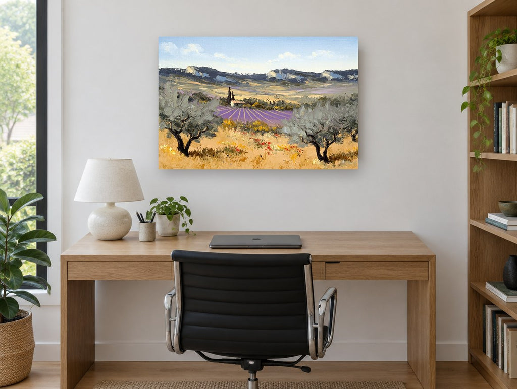 Lavender Rows Olive Grove landscape canvas print on the wall of a study