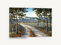 Sunlit Lane Through Pines, country lane pine trees landscape, landscape canvas wall art print ready to hang