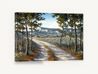 Sunlit Lane Through Pines, country lane pine trees landscape, landscape canvas wall art print ready to hang
