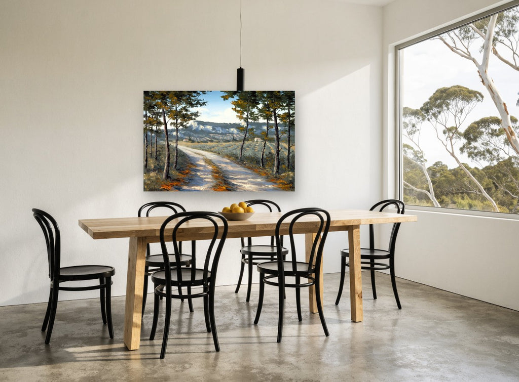 Sunlit Lane Through Pines landscape canvas print on the wall of a dining room