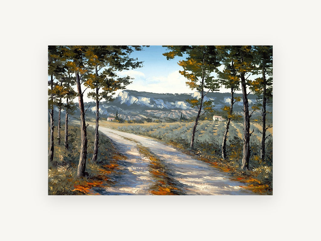 Sunlit Lane Through Pines, country lane pine trees landscape, landscape canvas wall art print, front view