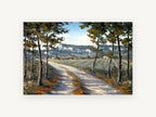 Sunlit Lane Through Pines, country lane pine trees landscape, landscape canvas wall art print, front view
