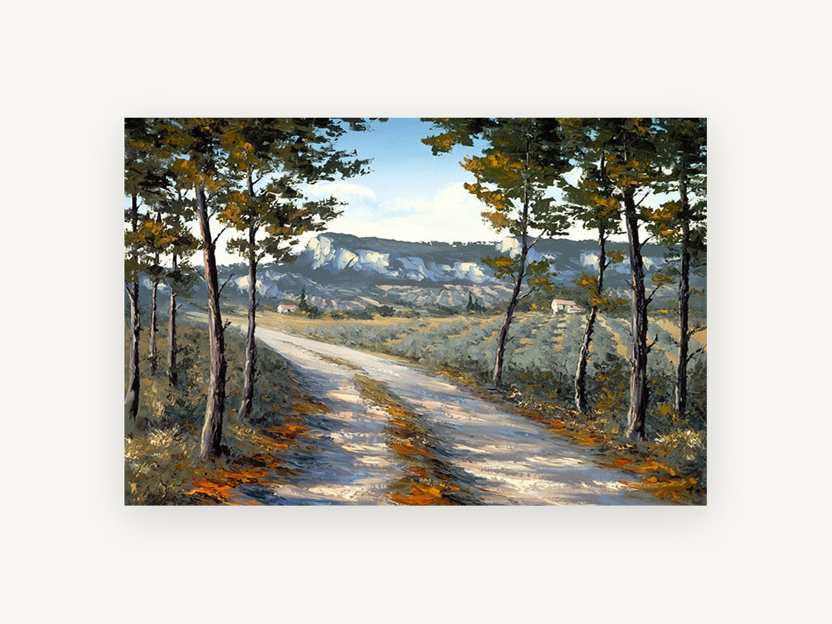 Sunlit Lane Through Pines, country lane pine trees landscape, landscape canvas wall art print, front view