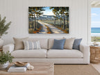 Sunlit Lane Through Pines landscape canvas print on the wall of a beach house living room