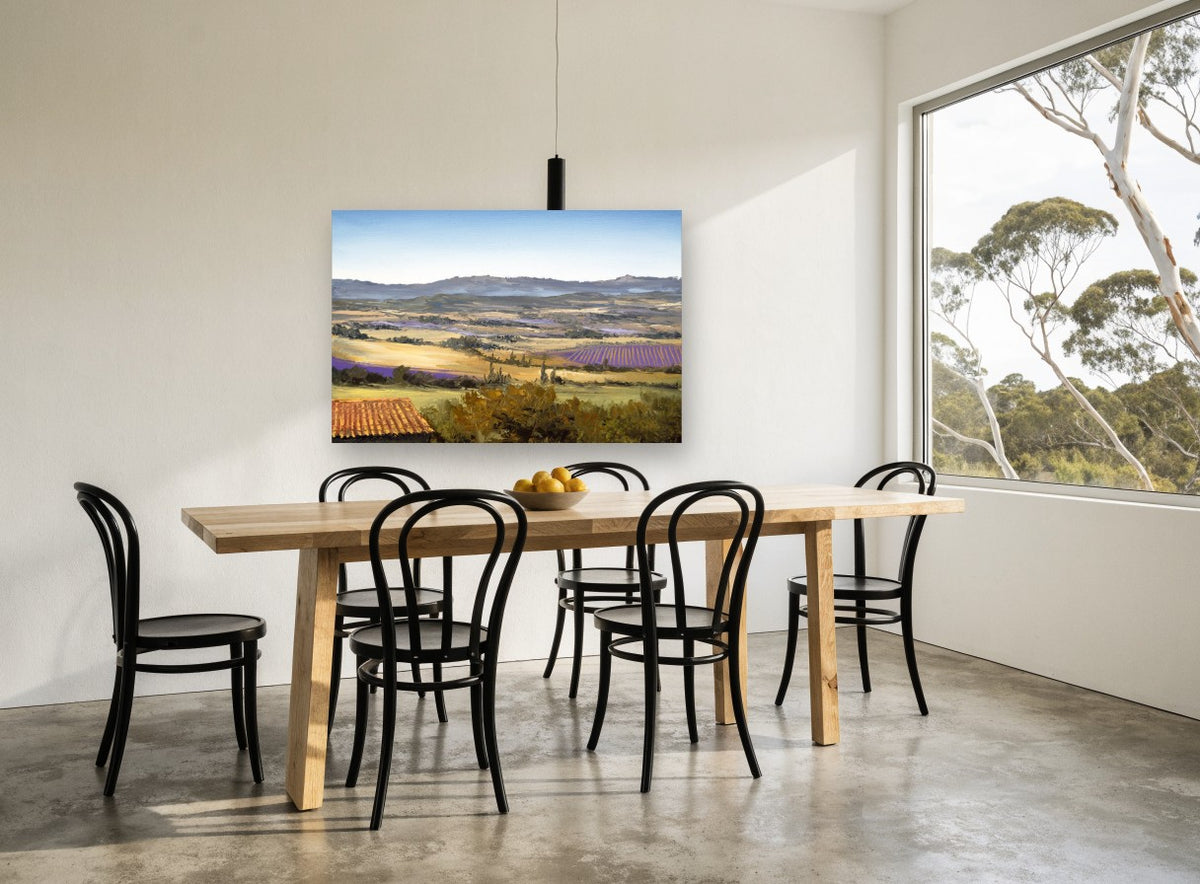Lavender Valley Rooftop landscape canvas print on the wall of a dining room