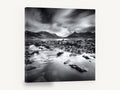 Stormlight Over Stones, black and white mountain lake photograph, landscape canvas wall art print ready to hang