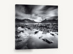 Stormlight Over Stones, black and white mountain lake photograph, landscape canvas wall art print ready to hang