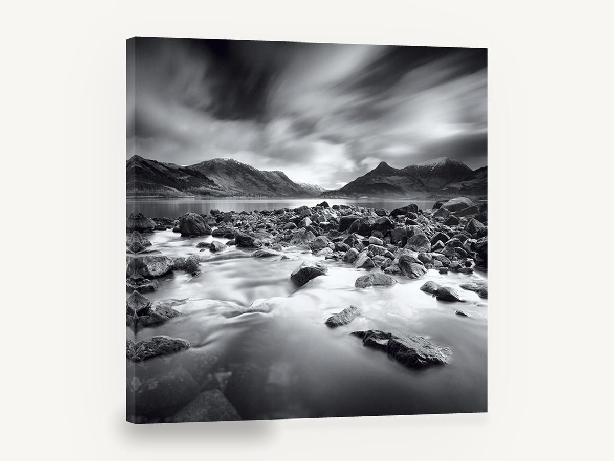 Stormlight Over Stones, black and white mountain lake photograph, landscape canvas wall art print ready to hang