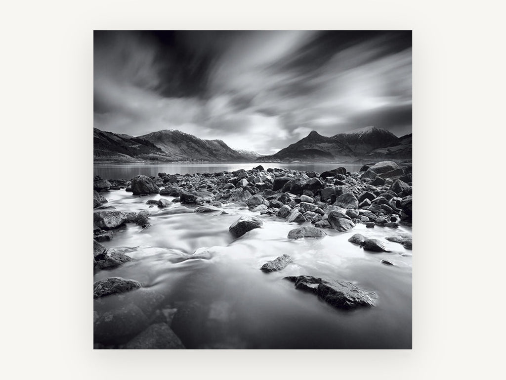 Stormlight Over Stones, black and white mountain lake photograph, landscape canvas wall art print, front view