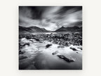 Stormlight Over Stones, black and white mountain lake photograph, landscape canvas wall art print, front view