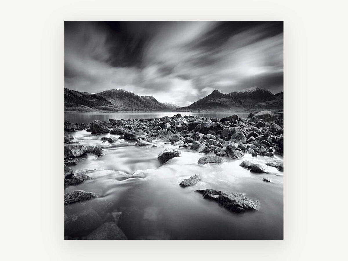 Stormlight Over Stones, black and white mountain lake photograph, landscape canvas wall art print, front view