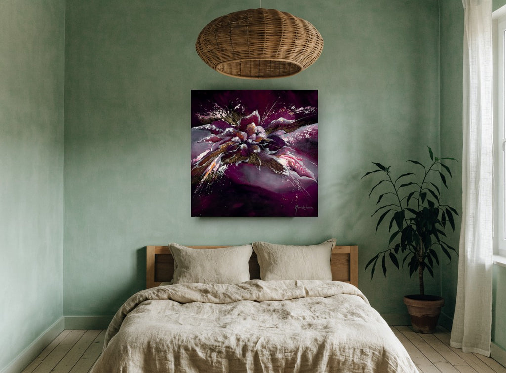 Plum Bloom Burst floral canvas print on the wall of a bedroom