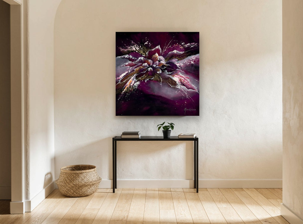 Plum Bloom Burst floral canvas print on the wall of a hallway