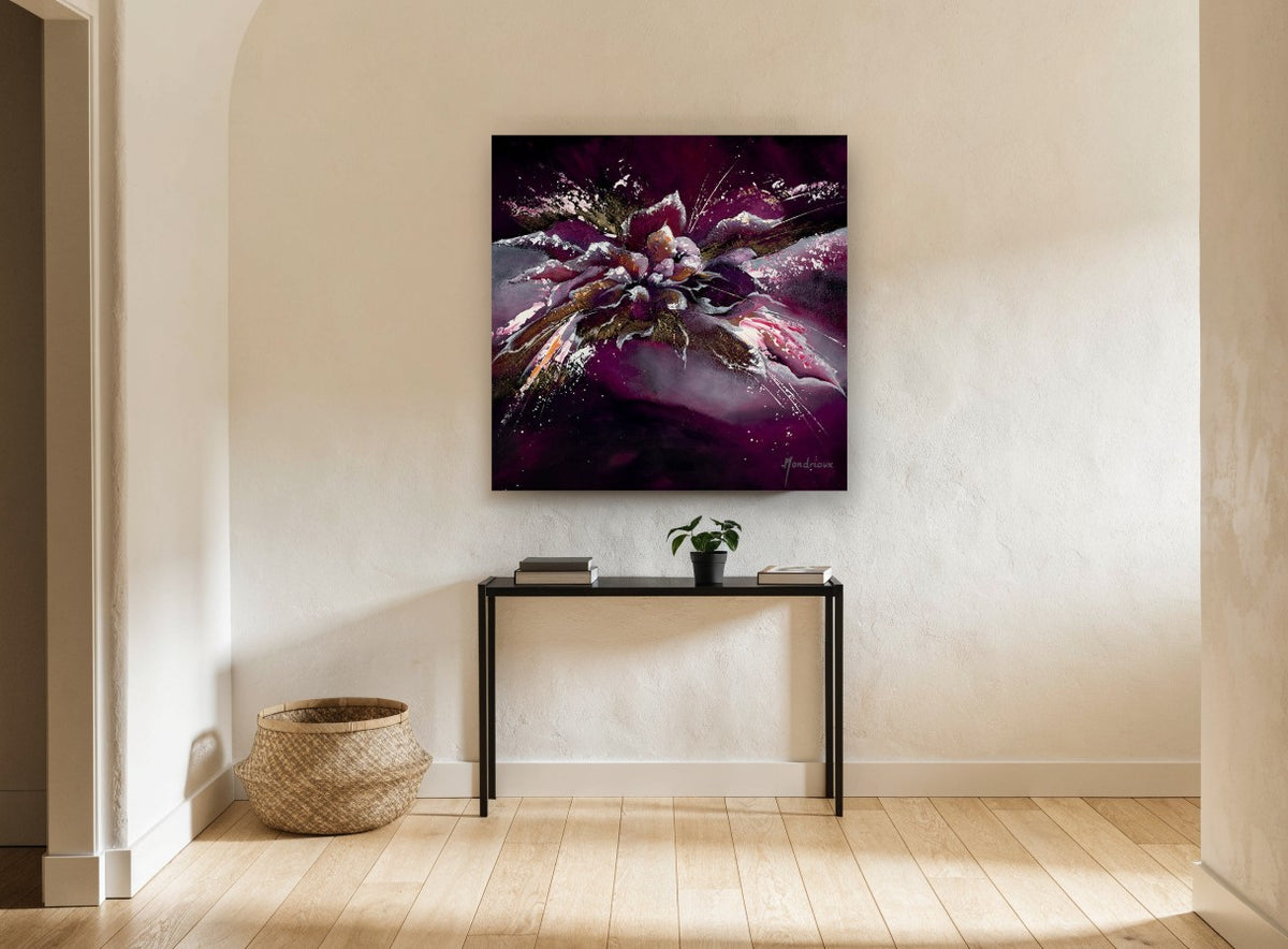 Plum Bloom Burst floral canvas print on the wall of a hallway