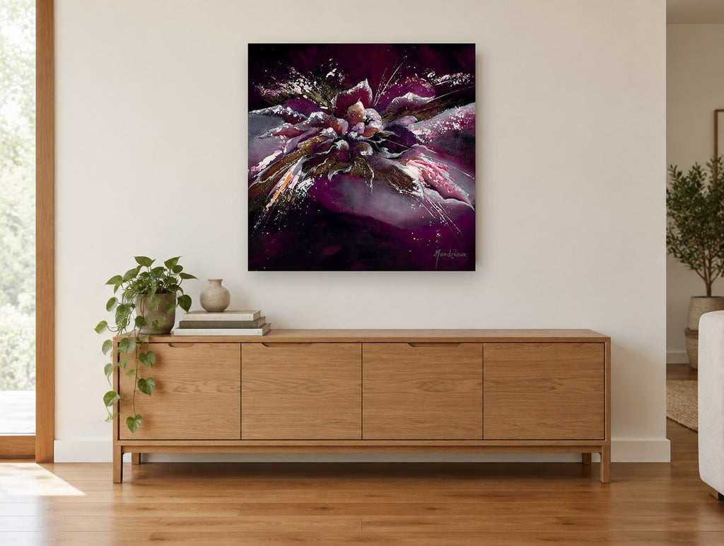Plum Bloom Burst floral canvas print on the wall of a living room above a sideboard