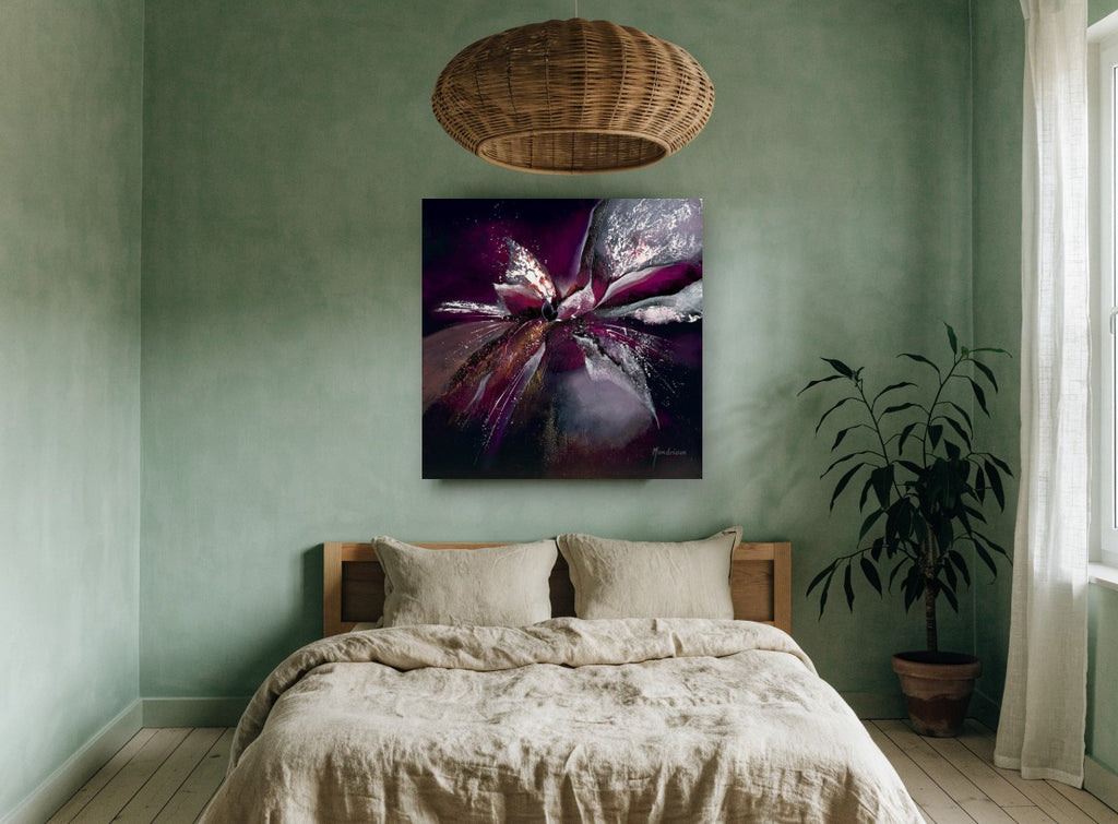 Midnight Orchid Burst floral canvas print on the wall of a bedroom