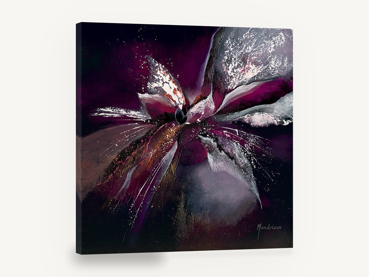 Midnight Orchid Burst, abstract purple flower splatter art, floral canvas wall art print ready to hang