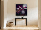 Midnight Orchid Burst floral canvas print on the wall of a hallway