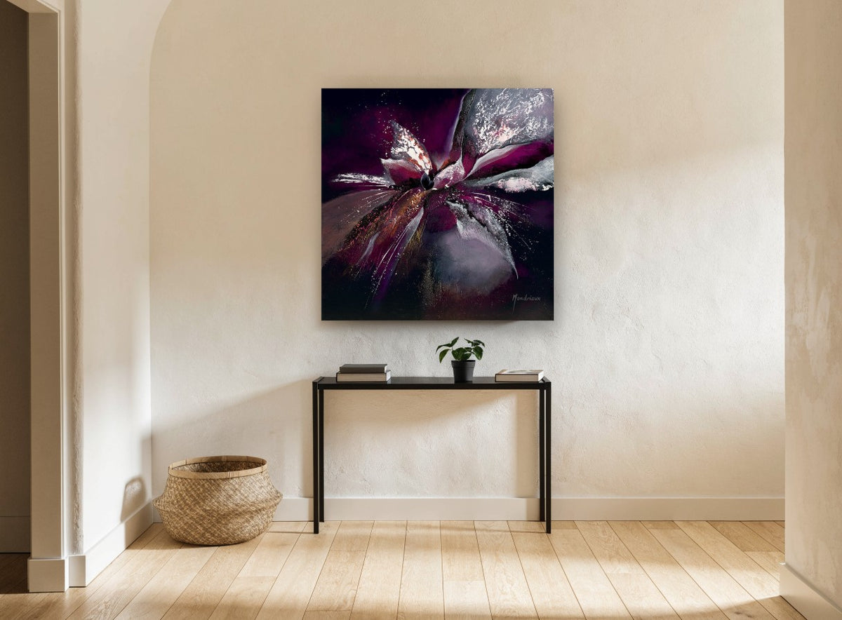 Midnight Orchid Burst floral canvas print on the wall of a hallway