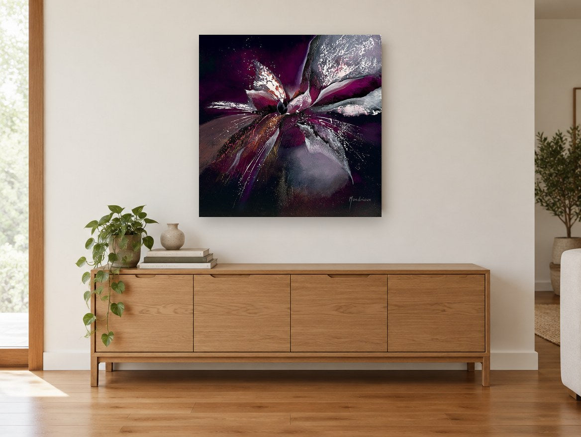 Midnight Orchid Burst floral canvas print on the wall of a living room above a sideboard