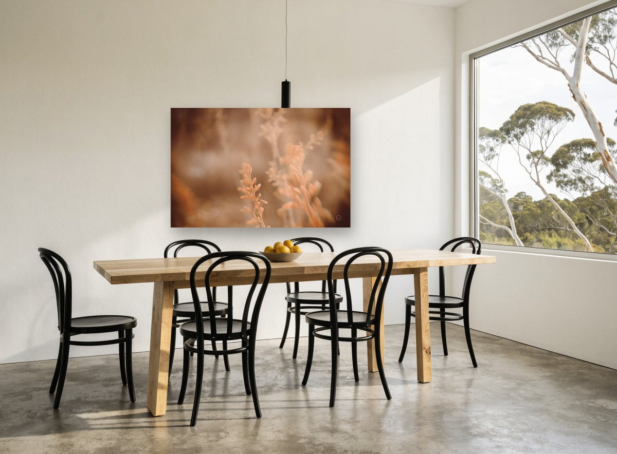 Amber Grass Haze floral canvas print on the wall of a dining room
