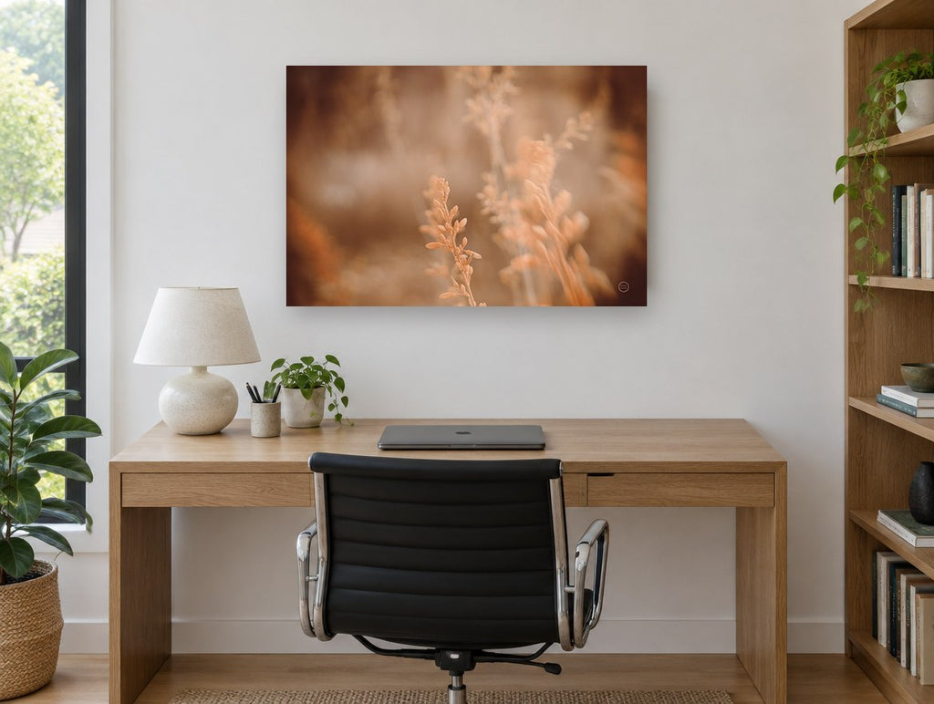 Amber Grass Haze floral canvas print on the wall of a study