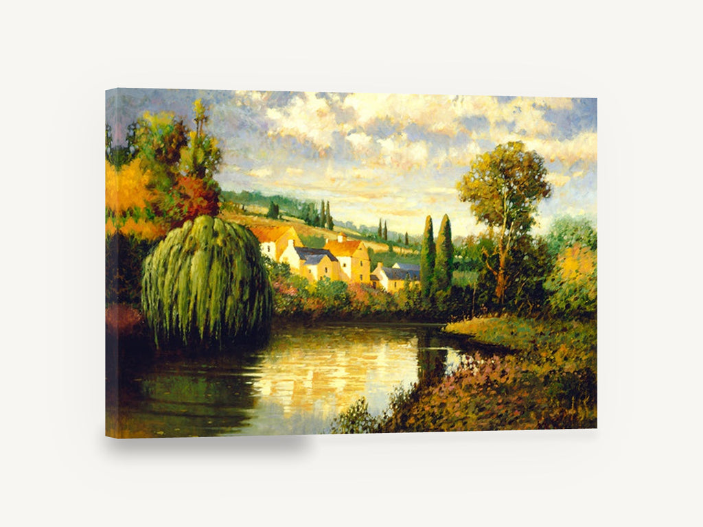Willow Pond Farmhouses, willow pond village countryside scene, landscape canvas wall art print ready to hang