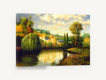 Willow Pond Farmhouses, willow pond village countryside scene, landscape canvas wall art print ready to hang